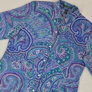 Lauren Ralph Lauren Blue Purple Paisley Cotton Button Down Shirt M Boho Preppy